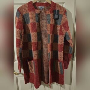 NWT Yaria Women's Checkered Cardigan  Red and Gray M